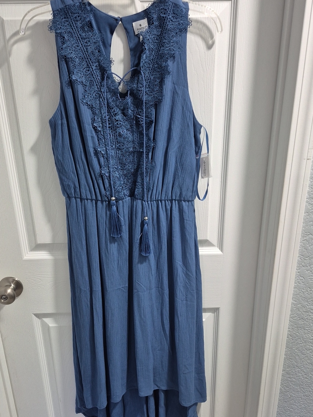 Dressbarn Blue Sleeveless Lace-Front High-Low Dress